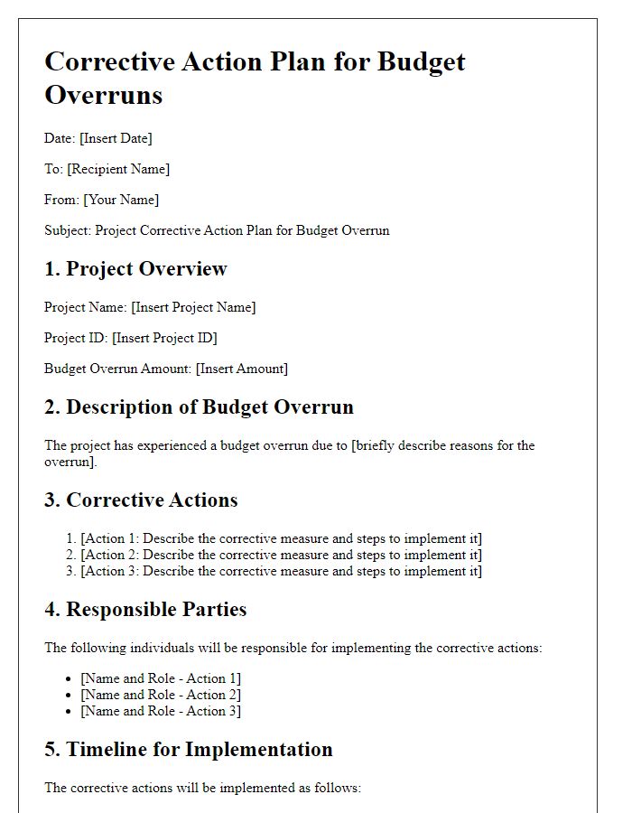 Letter template of project corrective action plan for budget overruns