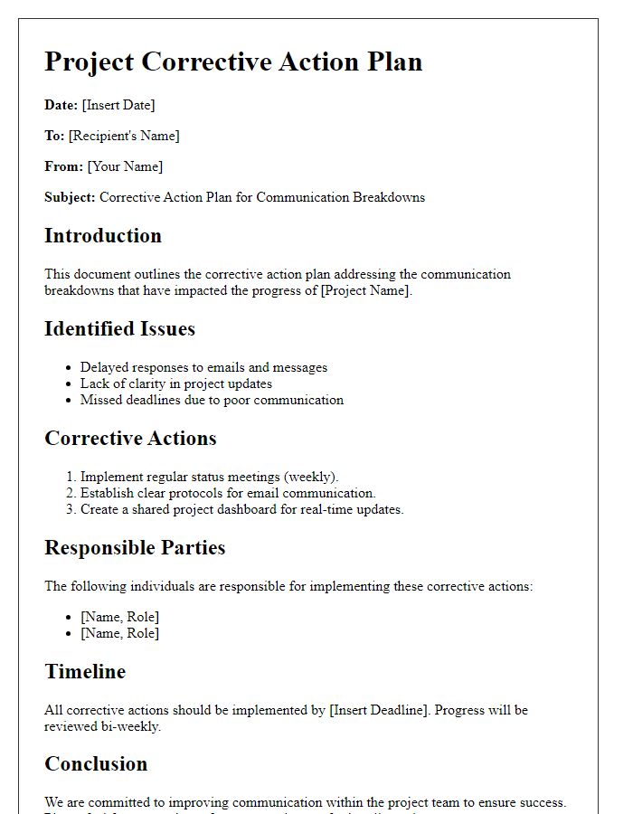 Letter template of project corrective action plan for communication breakdowns