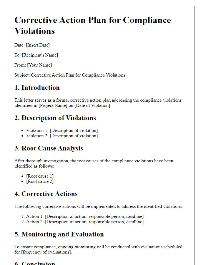 Letter template of project corrective action plan for compliance violations