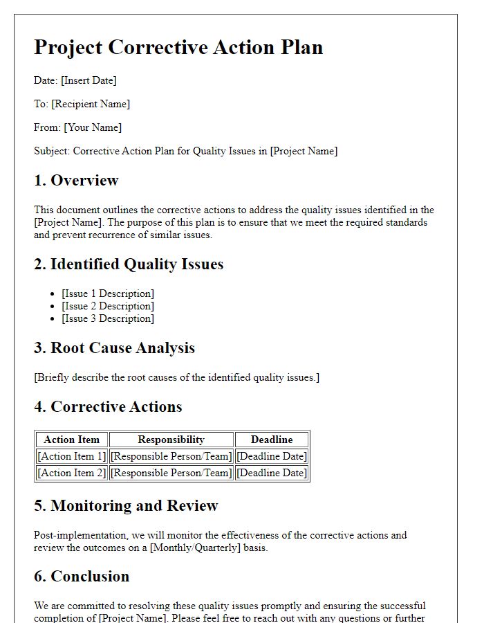 Letter template of project corrective action plan for quality issues