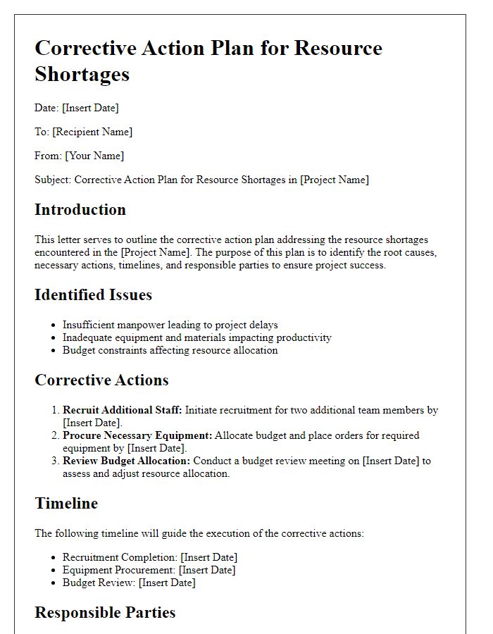 Letter template of project corrective action plan for resource shortages