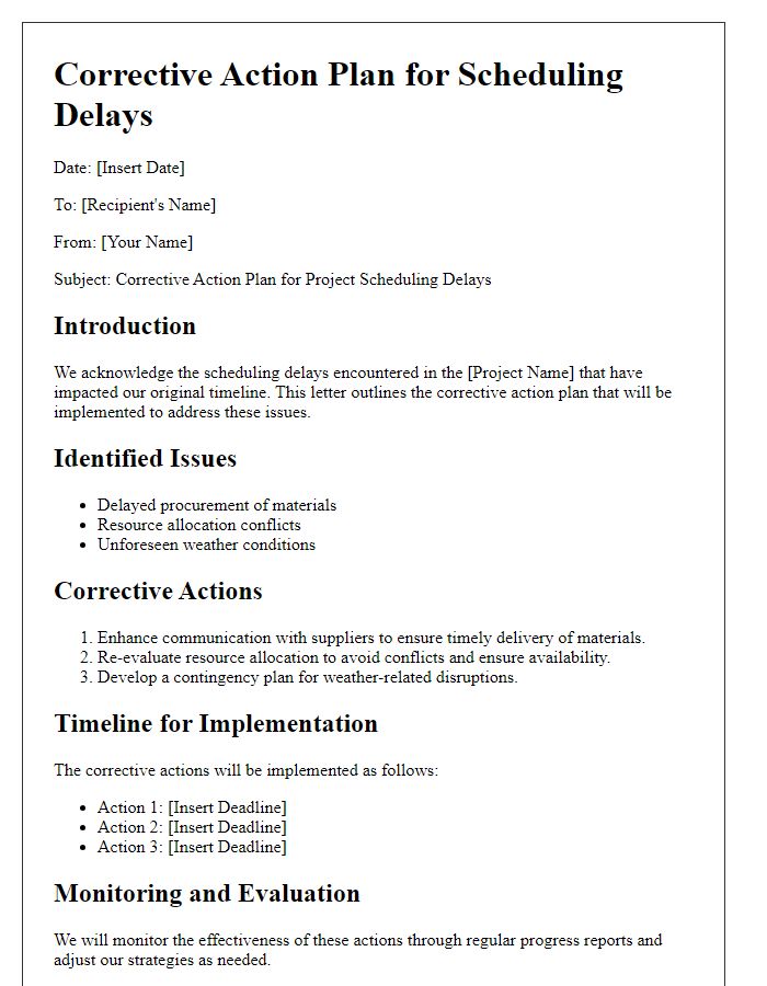 Letter template of project corrective action plan for scheduling delays