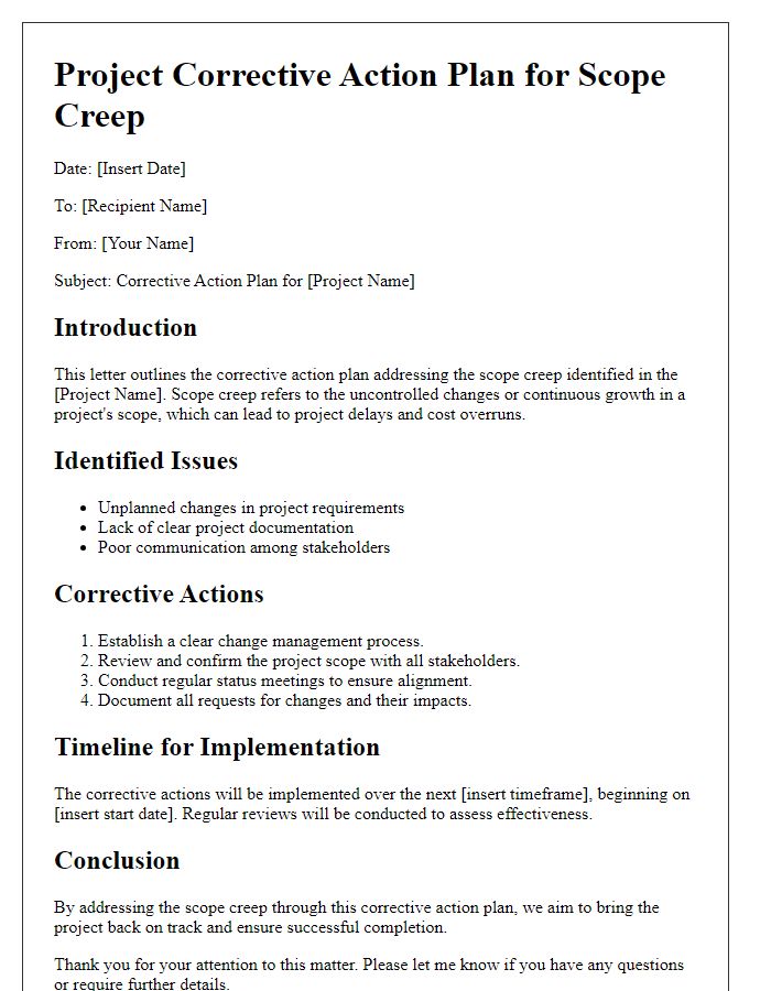 Letter template of project corrective action plan for scope creep