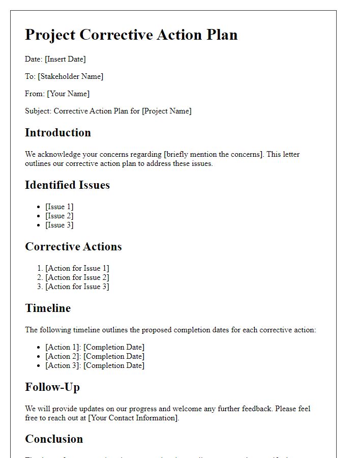 Letter template of project corrective action plan for stakeholder concerns