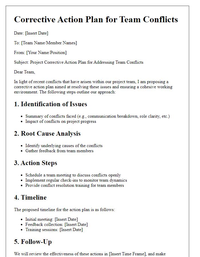 Letter template of project corrective action plan for team conflicts