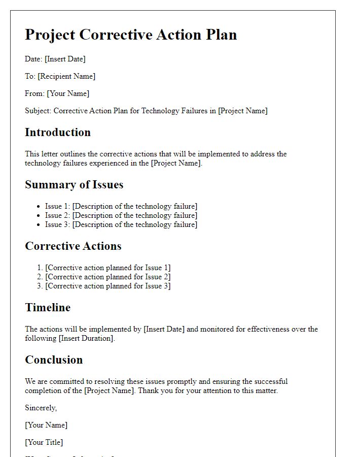 Letter template of project corrective action plan for technology failures