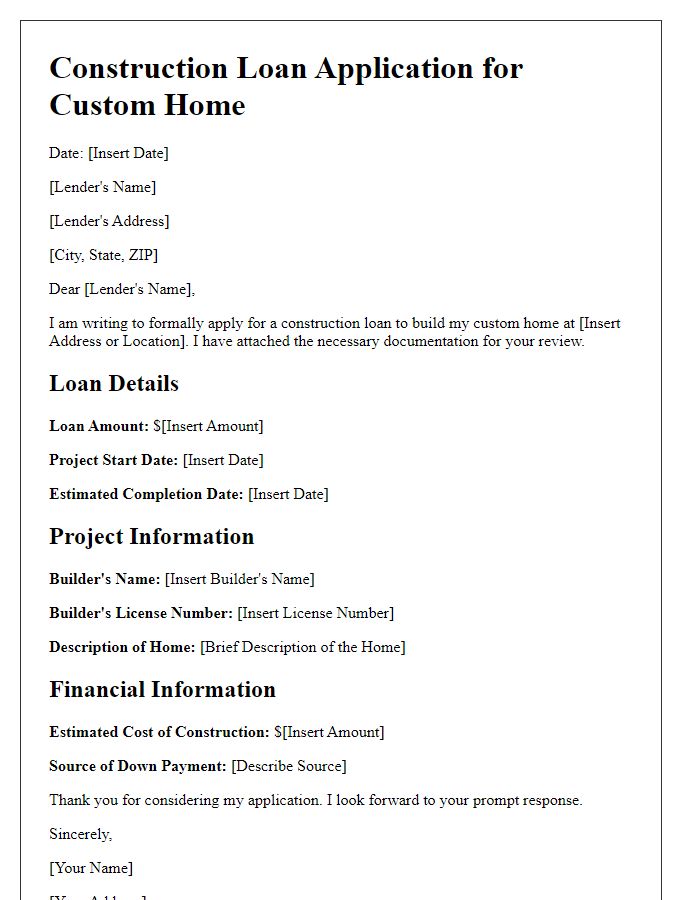 Letter template of Construction Loan Application for Custom Homes