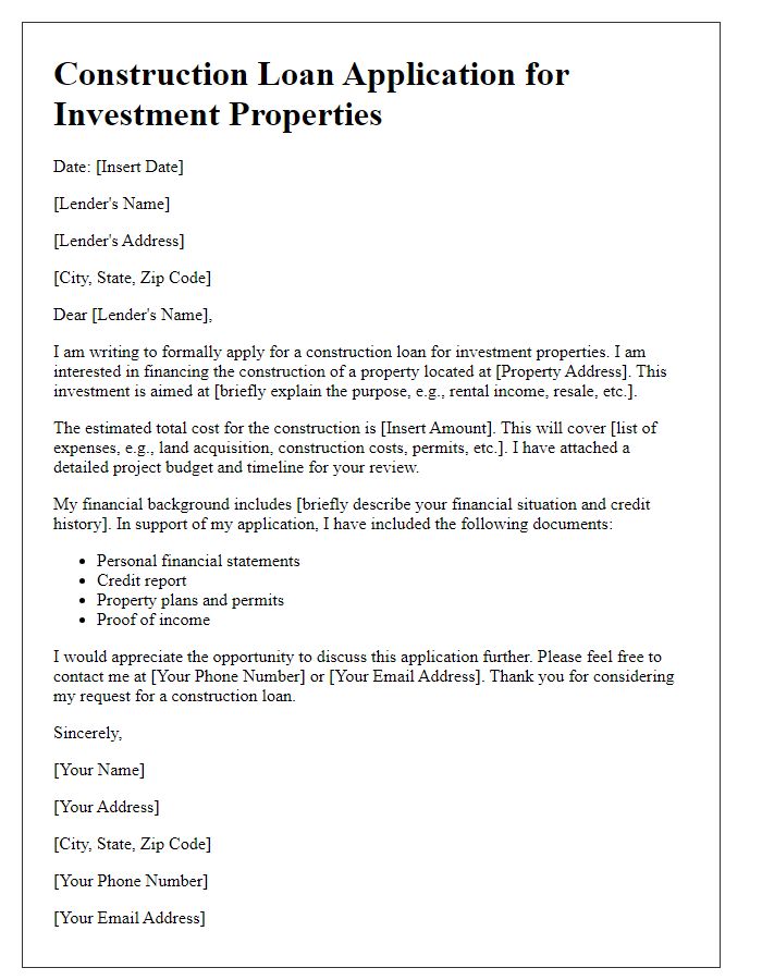 Letter template of Construction Loan Application for Investment Properties