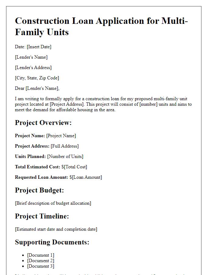 Letter template of Construction Loan Application for Multi-Family Units