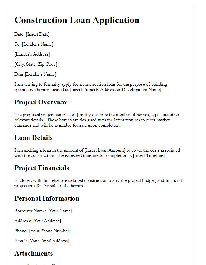 Letter template of Construction Loan Application for Spec Homes