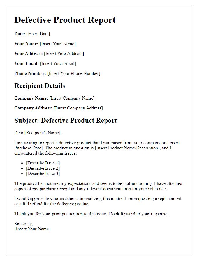 Letter template of Defective Product Report