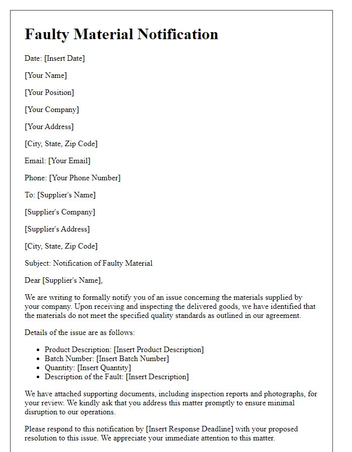 Letter template of Faulty Material Notification