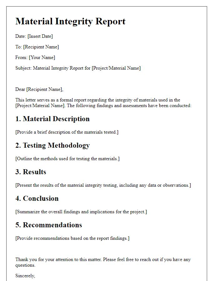 Letter template of Material Integrity Report