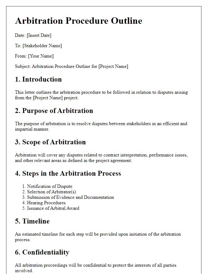 Letter template of arbitration procedure outline for project stakeholders