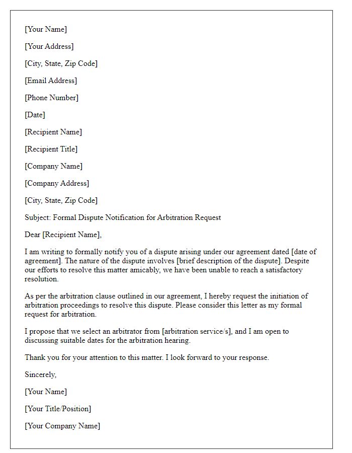 Letter template of formal dispute notification for arbitration request