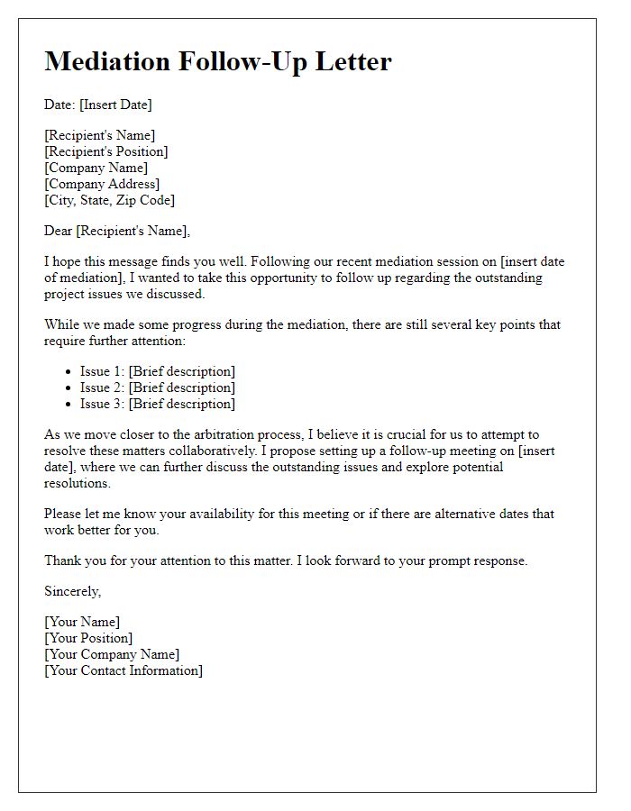 Letter template of mediation follow-up prior to arbitration for project issues