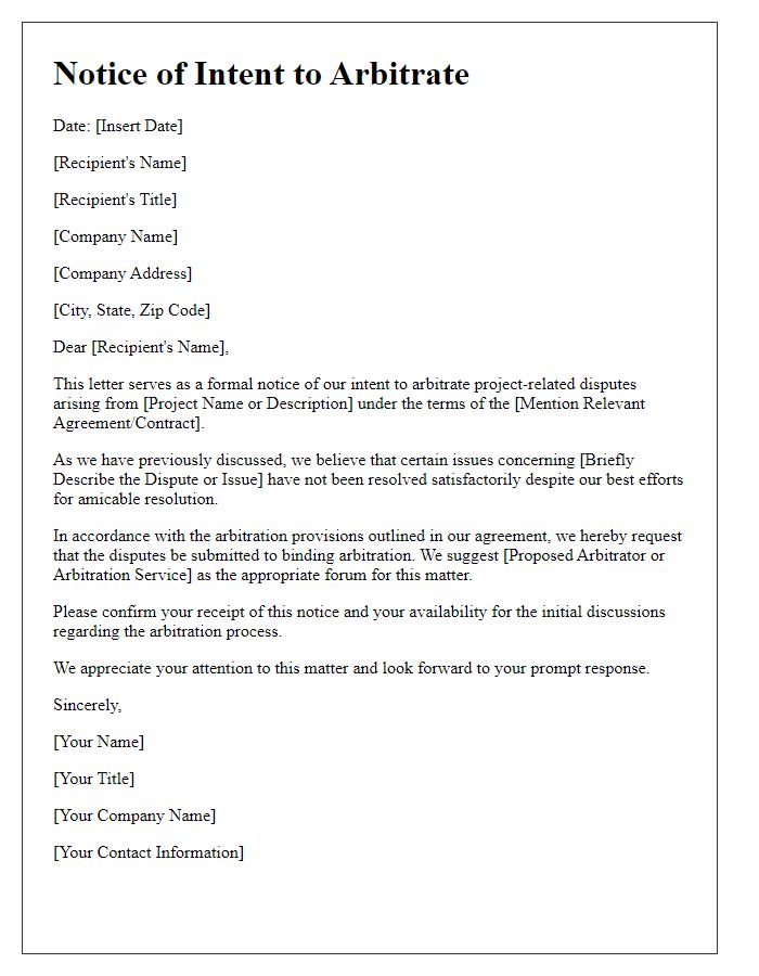 Letter template of notice of intent to arbitrate project-related disputes