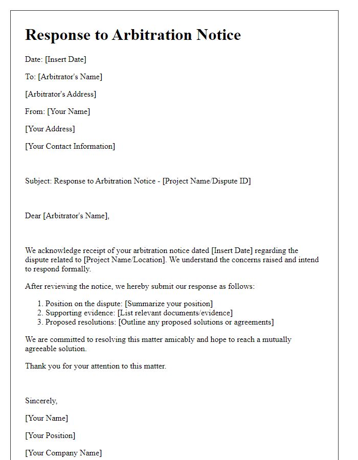 Letter template of response to arbitration notice in project disputes