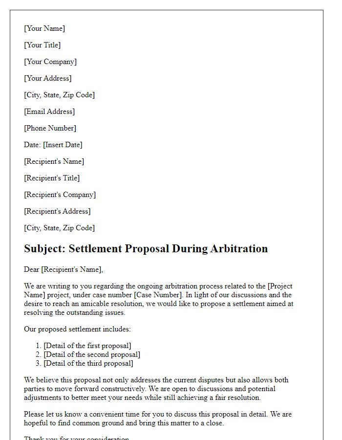 Letter template of settlement proposal during project arbitration process