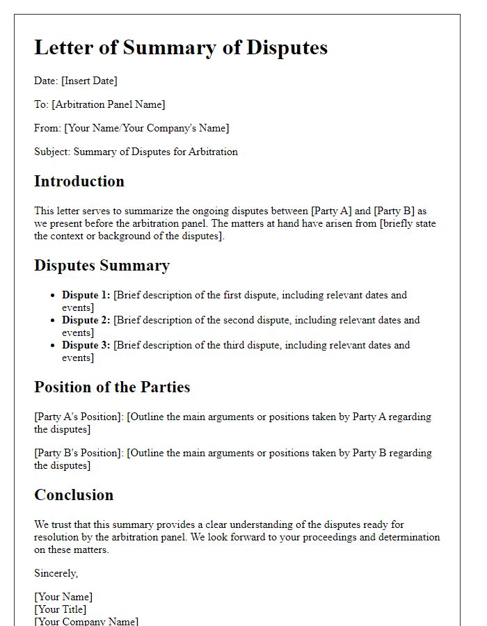 Letter template of summary of disputes for arbitration panel presentation