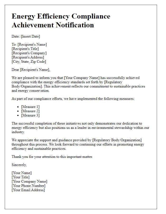 Letter template of energy efficiency compliance achievement notification