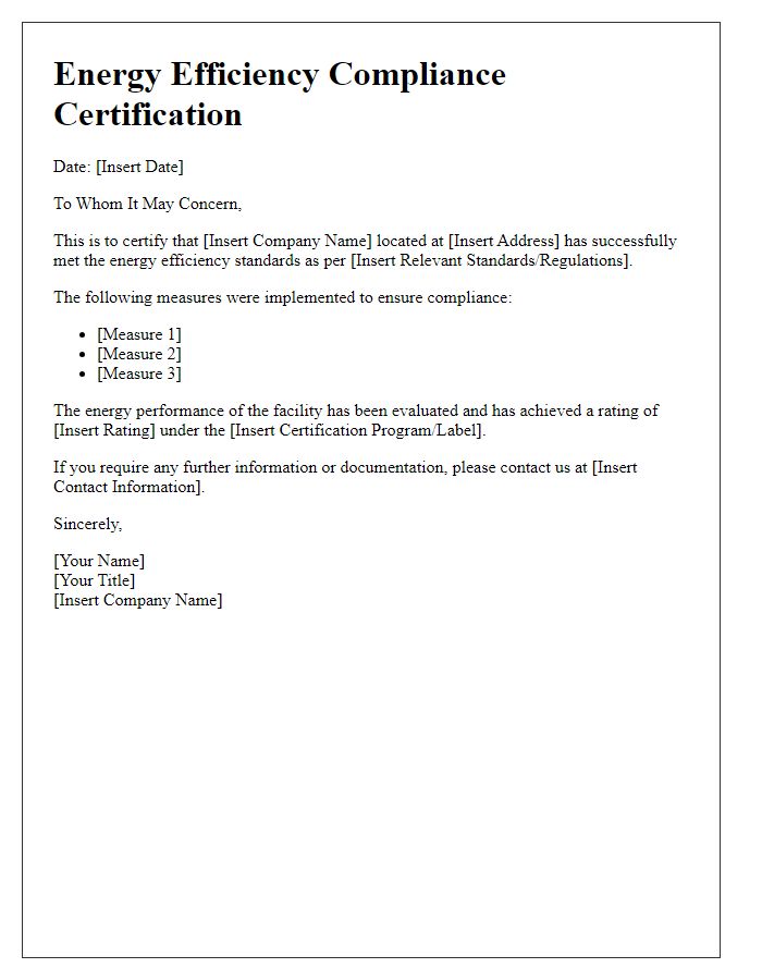 Letter template of energy efficiency compliance certification