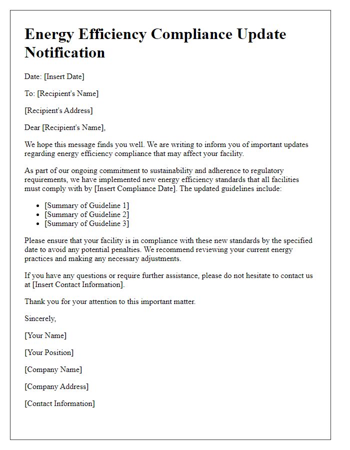 Letter template of energy efficiency compliance update notification