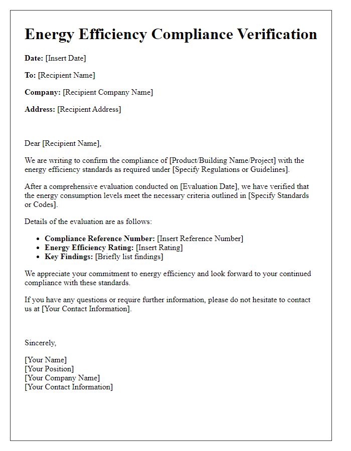 Letter template of energy efficiency compliance verification