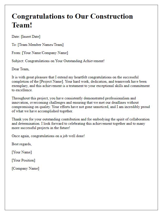 Letter template of construction team achievement congratulations.