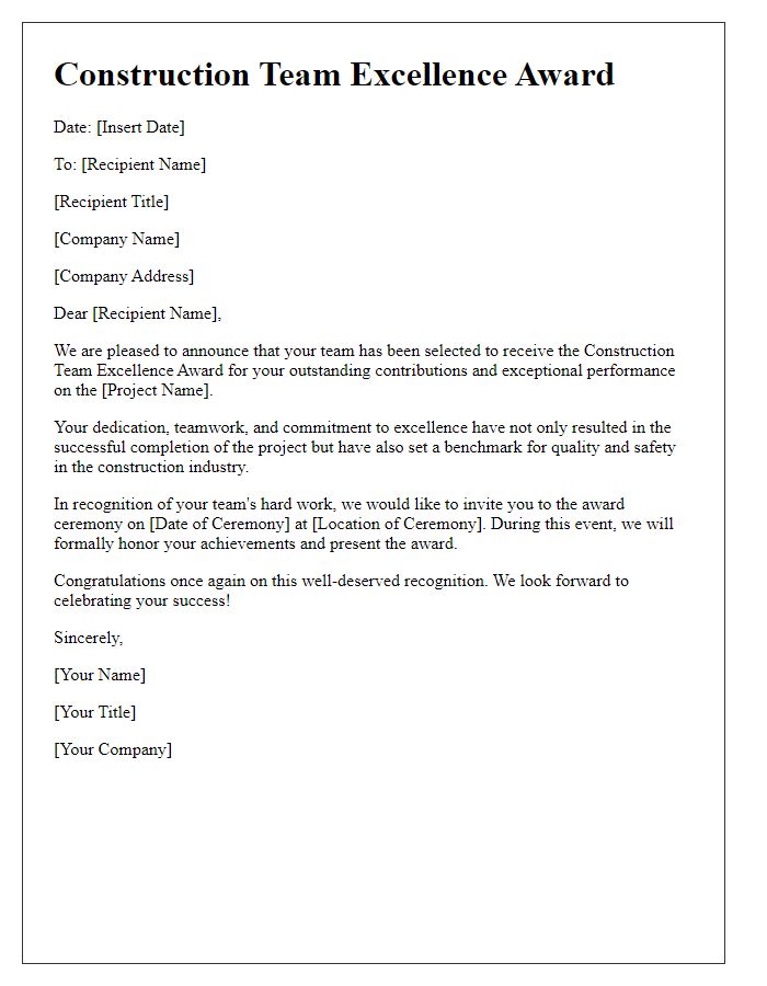 Letter template of construction team excellence award.