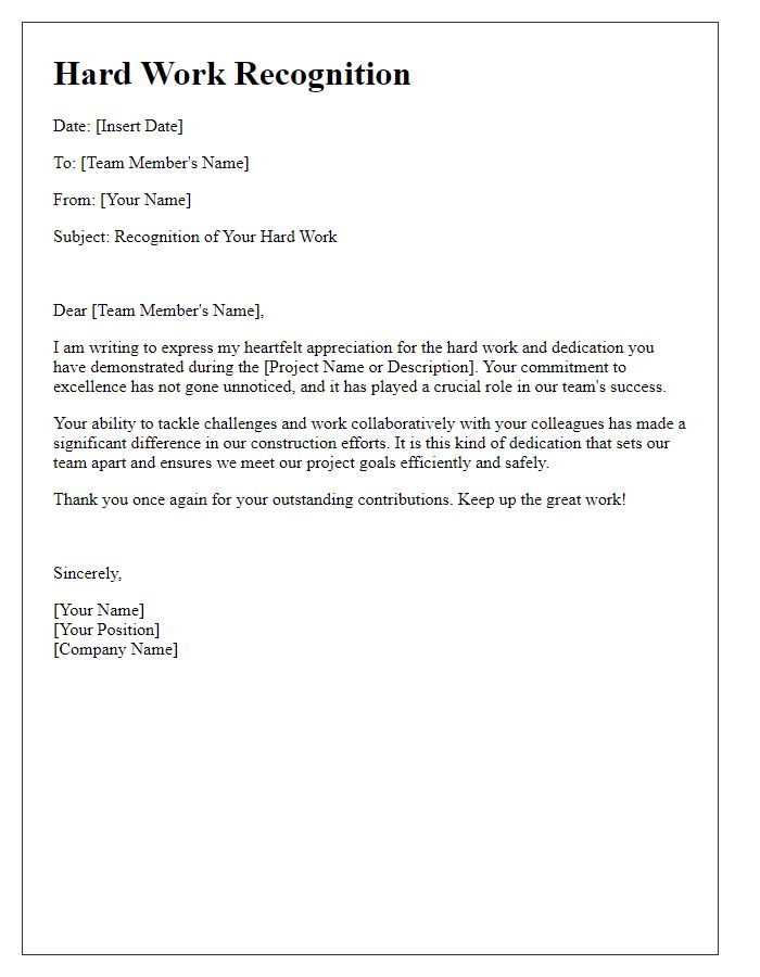 Letter template of construction team hard work recognition.