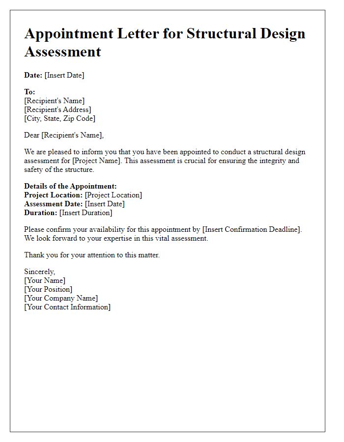 Letter template of appointment for structural design assessment