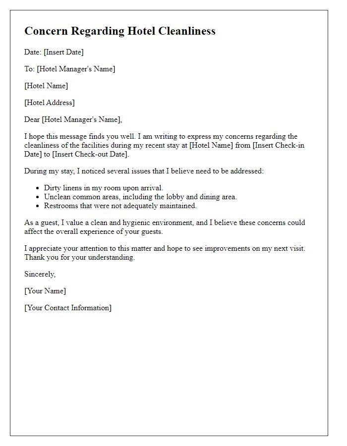 Letter template of concerns regarding hotel cleanliness