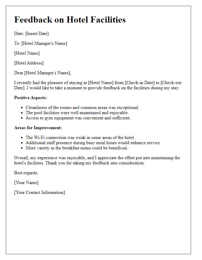 Letter template of feedback on hotel facilities