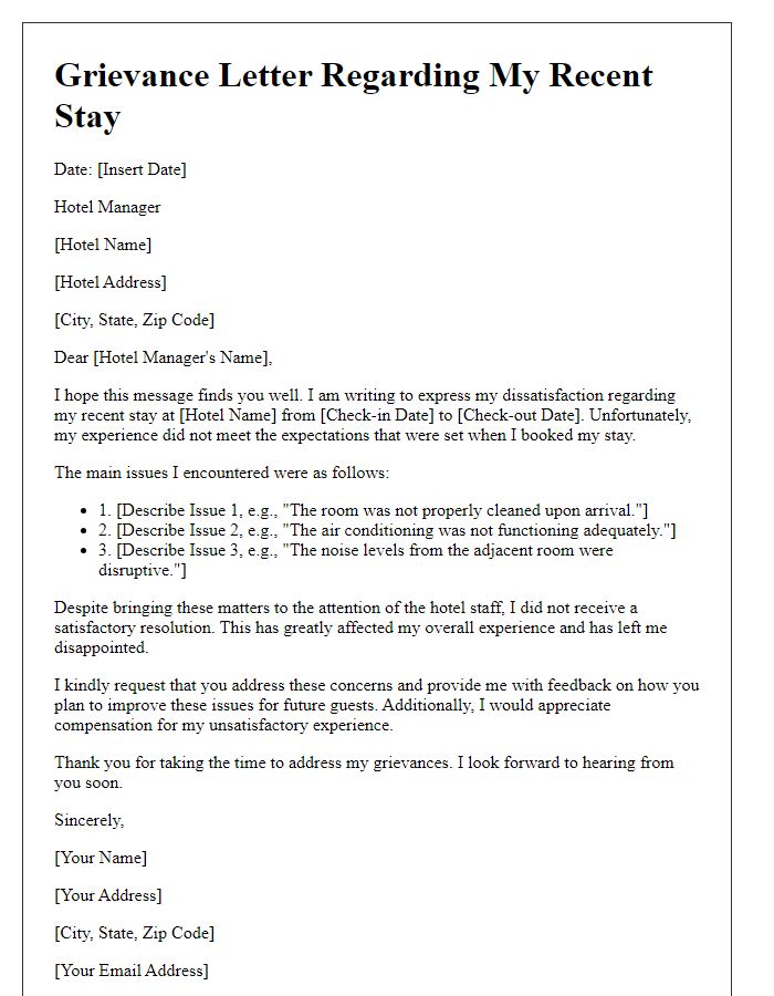 Letter template of hotel experience grievance