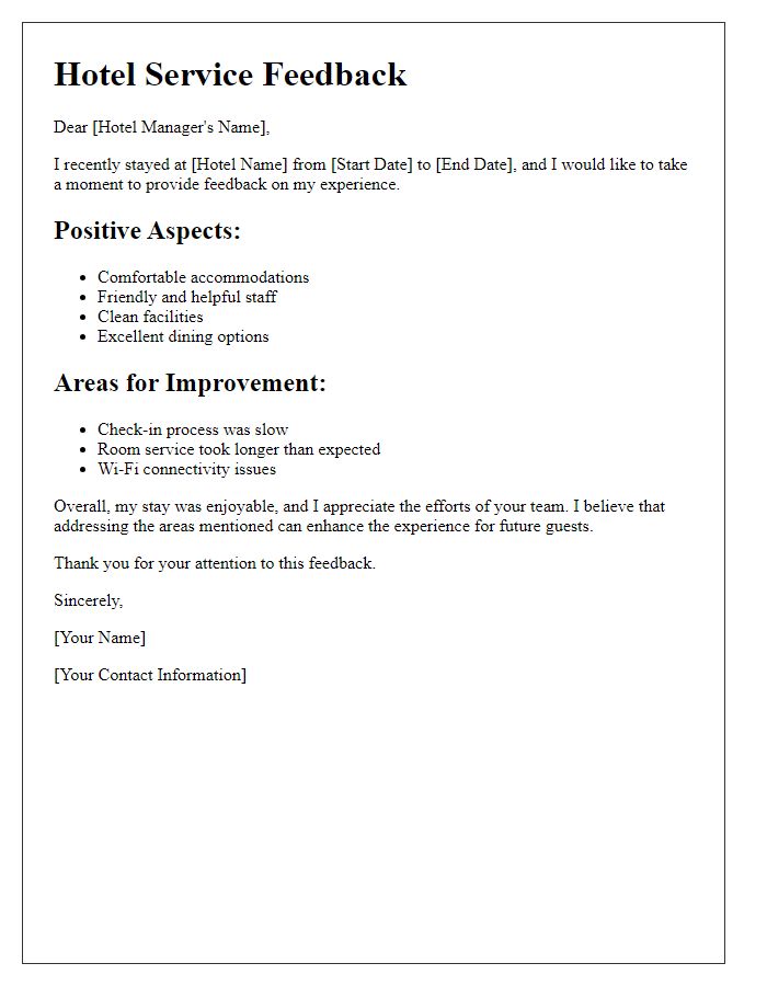 Letter template of hotel service feedback