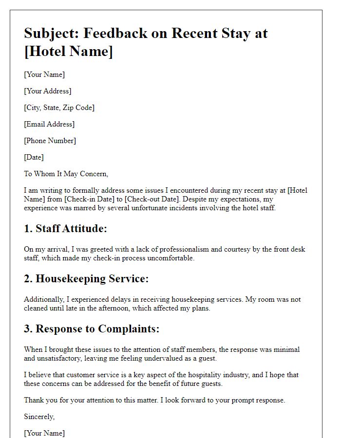 Letter template of issues with hotel staff