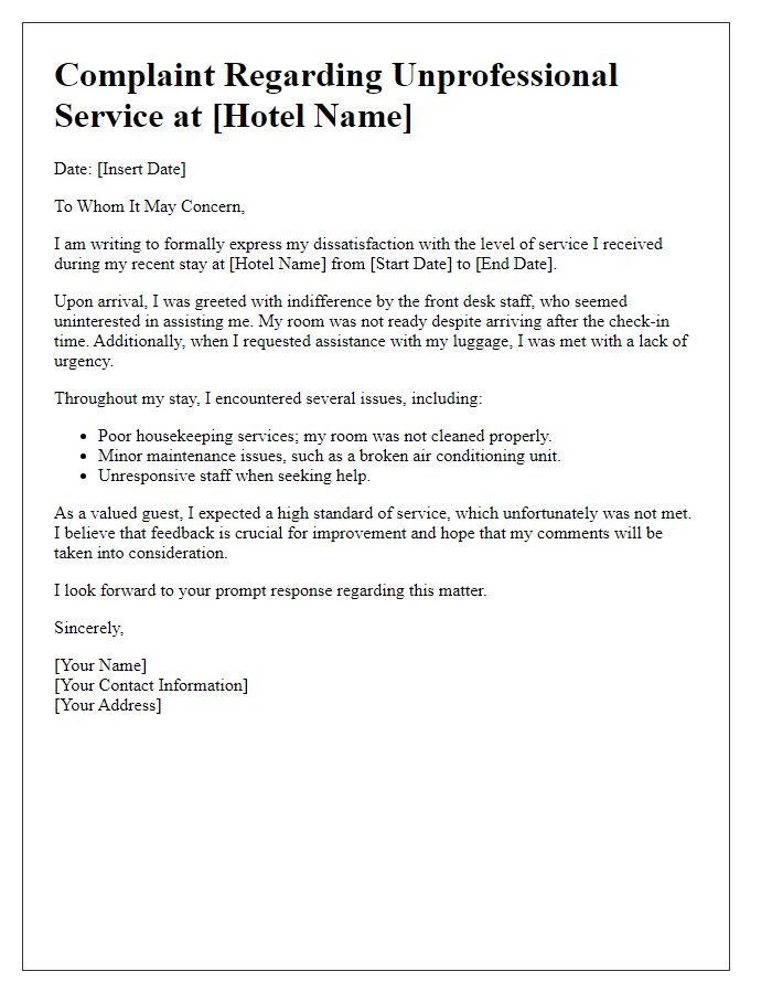 Letter template of unprofessional service at hotel