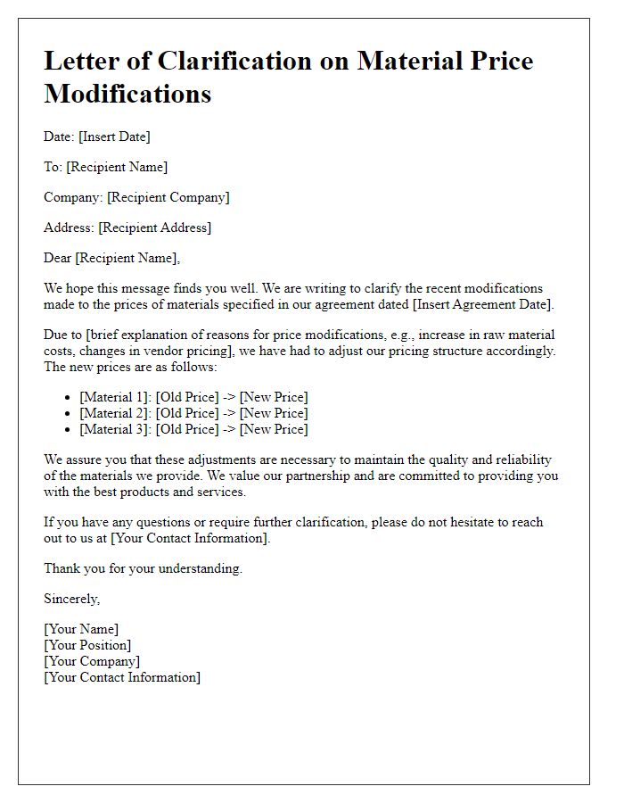 Letter template of clarification on material price modifications