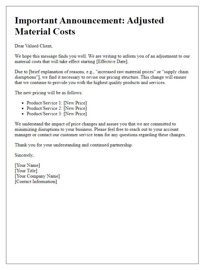 Letter template of client announcement for adjusted material costs