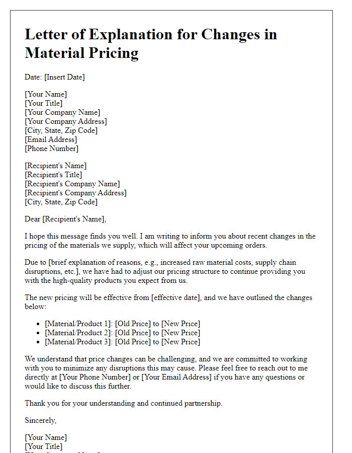 Letter template of explanation for changes in material pricing