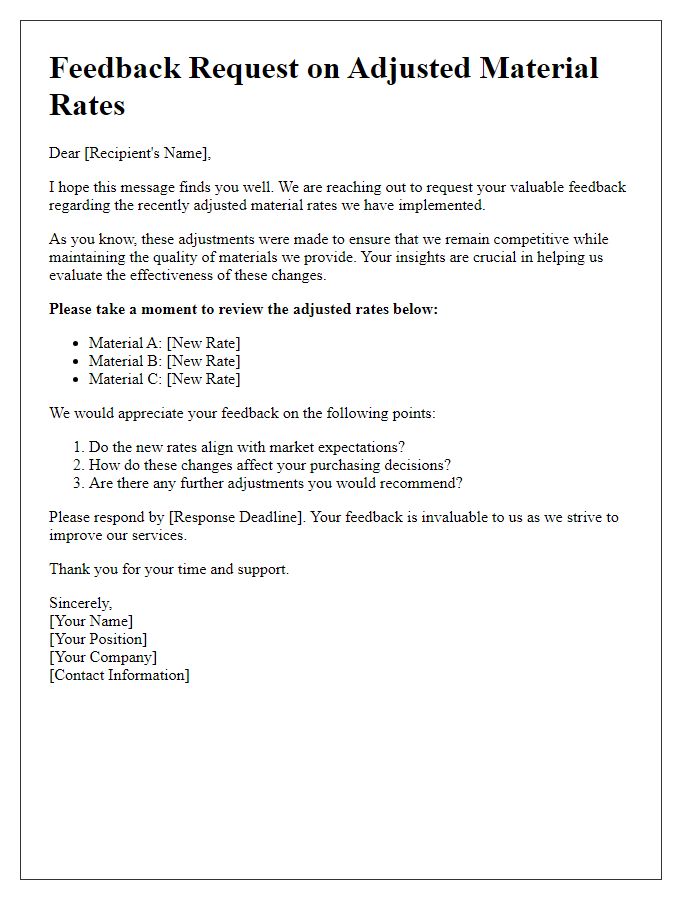 Letter template of feedback request on adjusted material rates