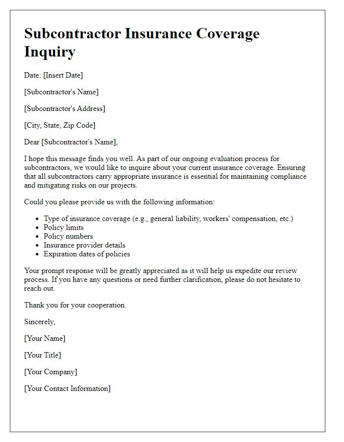 Letter template of subcontractor insurance coverage inquiry