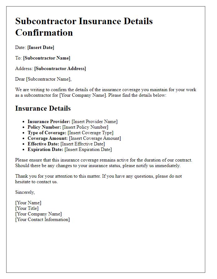 Letter template of subcontractor insurance details confirmation