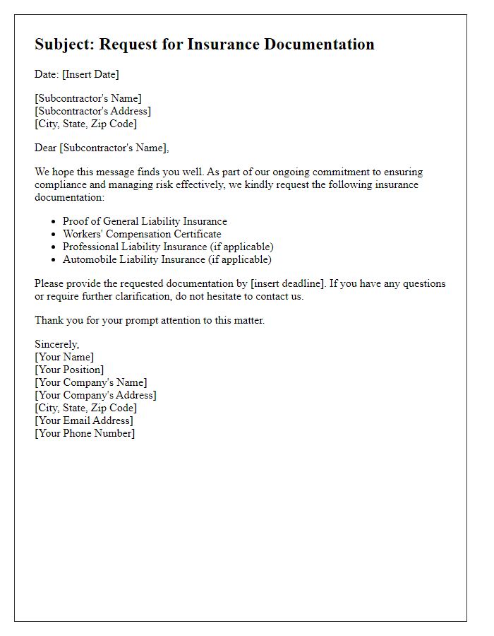 Letter template of subcontractor insurance documentation request