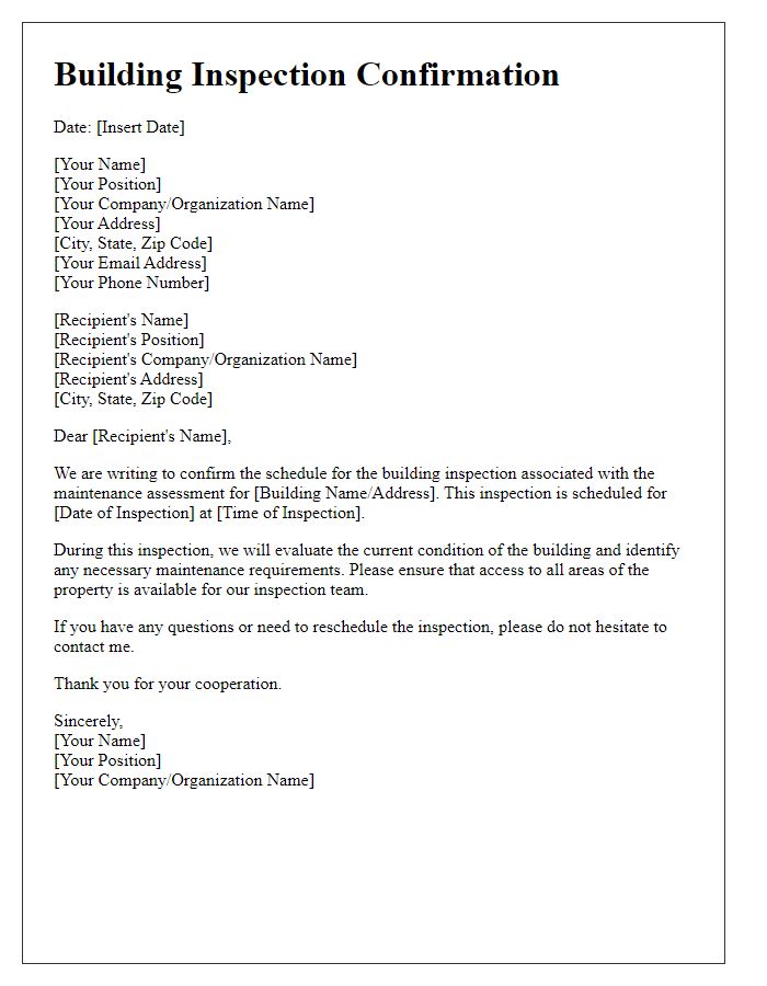 Letter template of confirming a building inspection for maintenance assessment