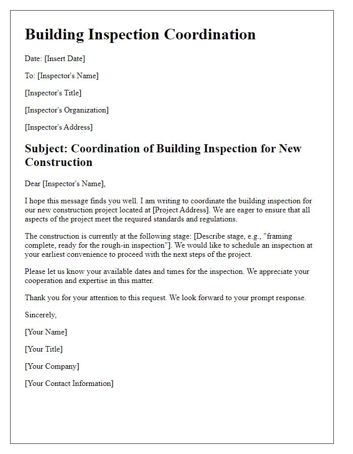 Letter template of coordinating a building inspection for new construction