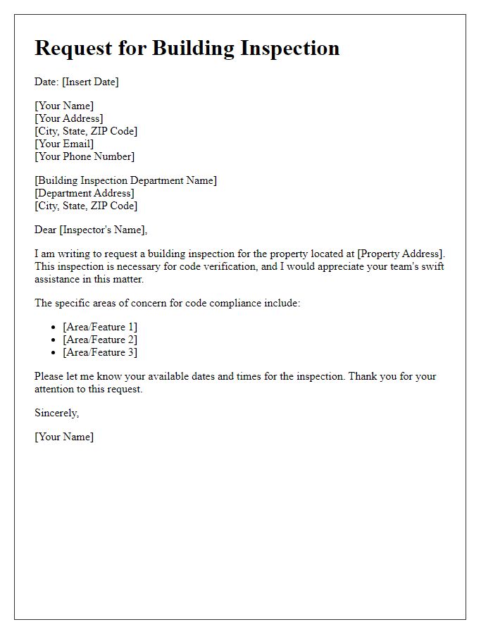 Letter template of requesting a building inspection for code verification