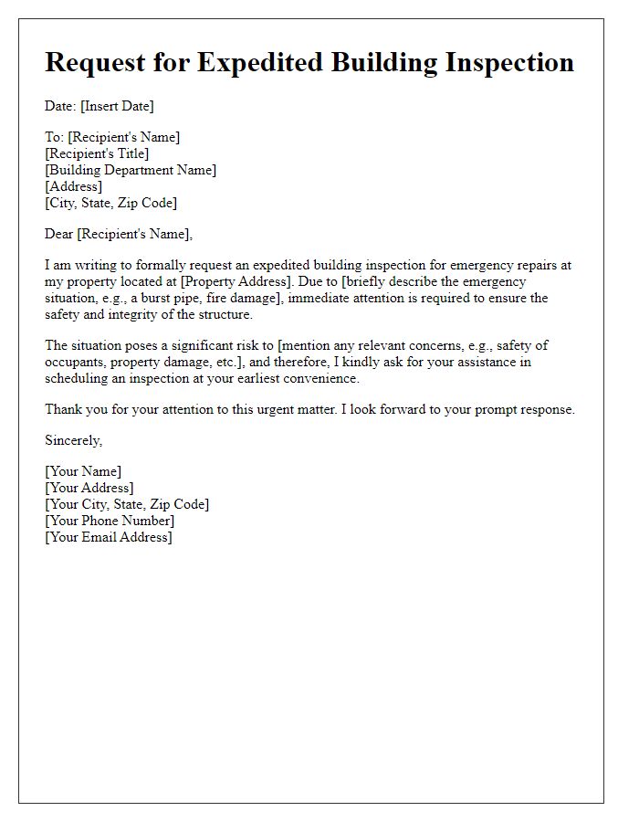 Letter template of requesting an expedited building inspection for emergency repairs