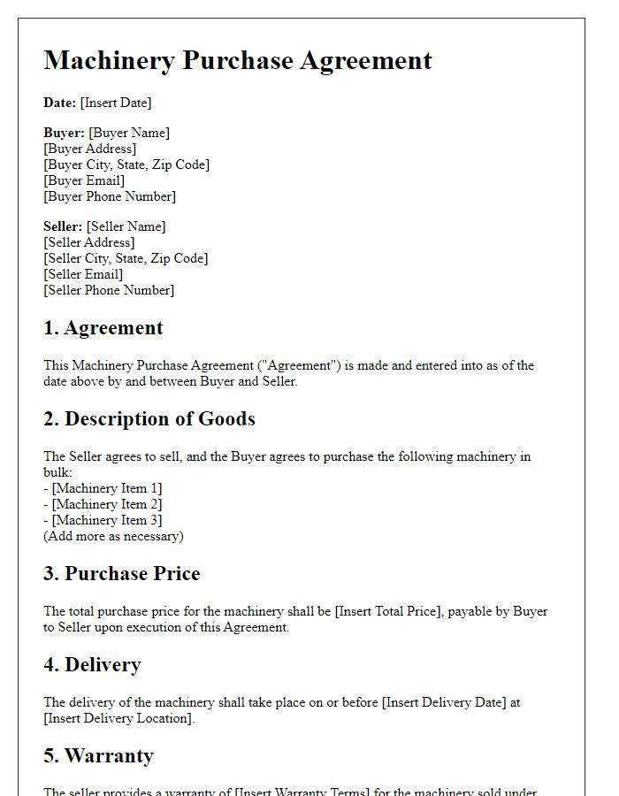 Letter template of machinery purchase agreement for bulk machinery orders